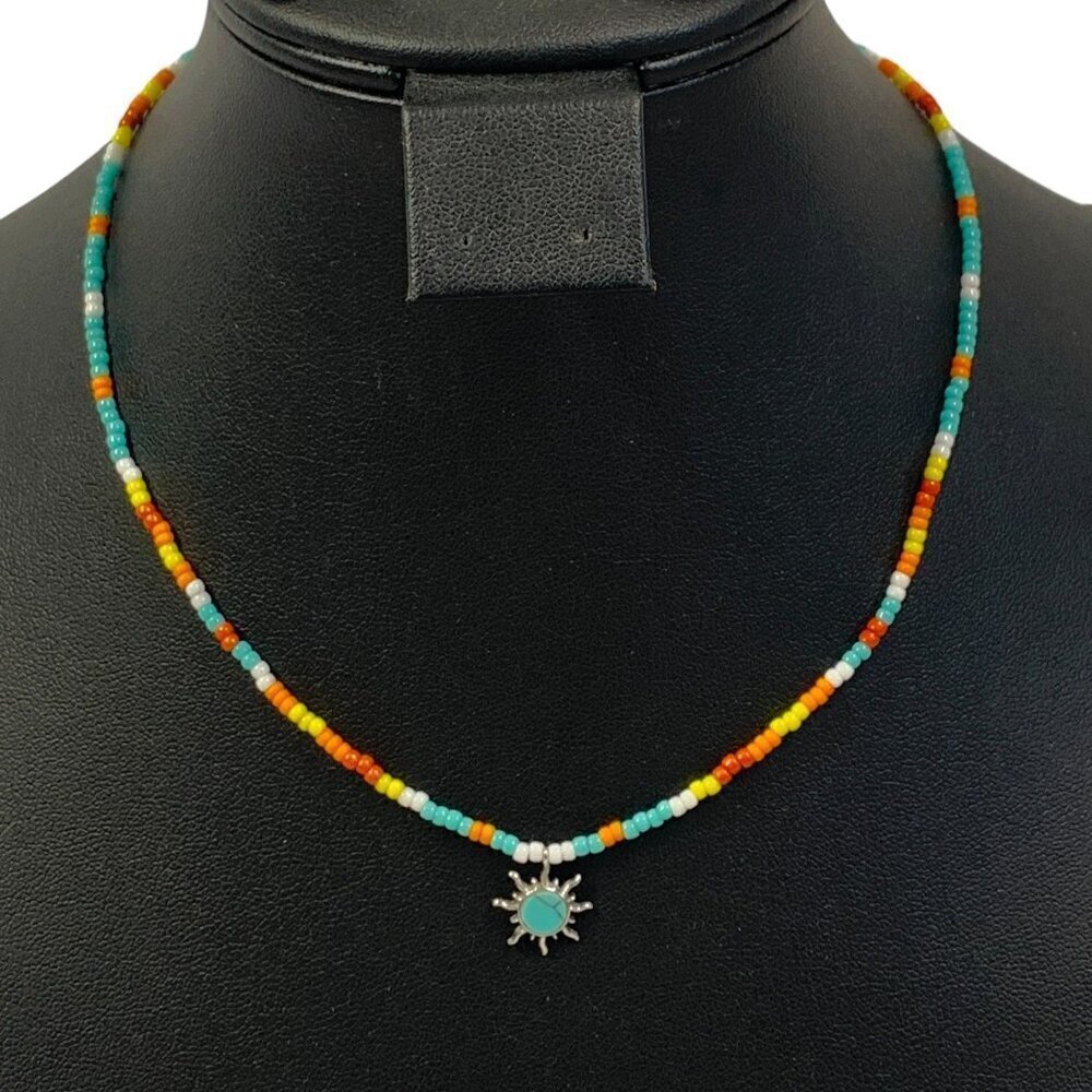 Pura Vida Dreaming Out Loud Necklace Multicolor Seed Beads Turquoise Sun Pendant